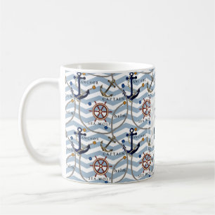 Caneca De Café Listra azul do leme náutico zigzag