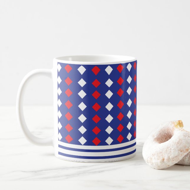 Caneca De Café Listra de Diamante Vermelho Branco Moderno (Com Donut)