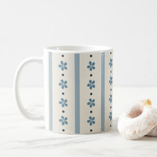 Caneca De Café Listras Azuis e Creme com Flores