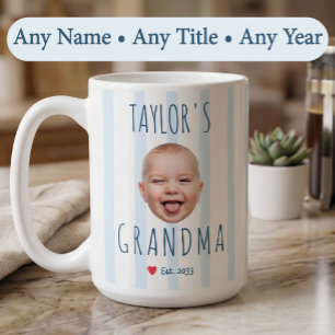 Caneca De Café Listras Azuis Foto Personalizada & Nome Bebê Rosto