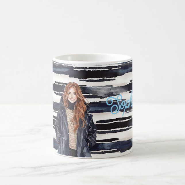 Caneca De Café Listras Azuis Ruiva Feminina  (Centro)