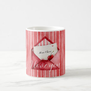 Caneca De Café Listras Brancas Vermelhas Românticas Mon Cheri Amo
