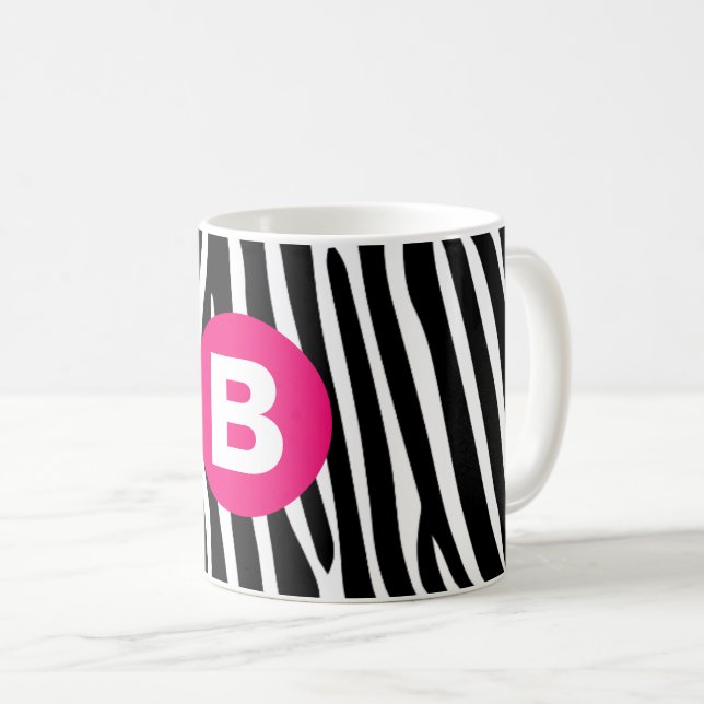 Caneca De Café Listras Clássicas de Zebra Monograma Rosa Vibrante (Frente Esquerda)