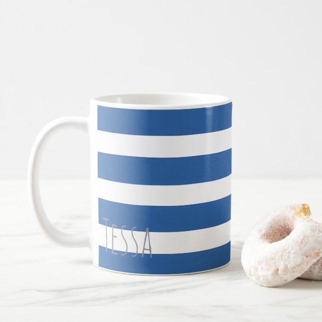 Caneca De Café Listras Clássicas Náuticas em Azul e Branco (Com Donut)