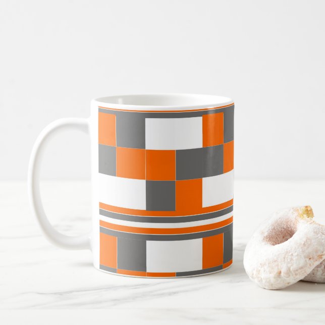 Caneca De Café Listras de Xadrez Laranja Cinza Branco Padrão (Com Donut)