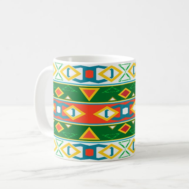 Caneca De Café Listras e formas geométricas verde laranja branco  (Frente Esquerda)