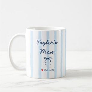 Caneca De Café Listras e Laço Azul Chic em Aquarela Mamãe Persona