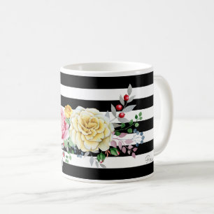Caneca De Café Listras pretas na moda florais e nome do rosa do