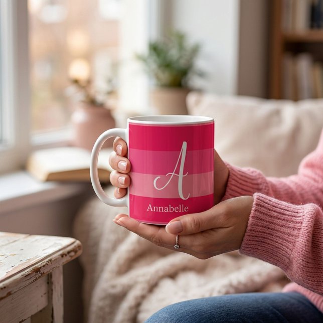 Caneca De Café Listras Rosa Raspberry com Monograma Personalizado (Criador carregado)