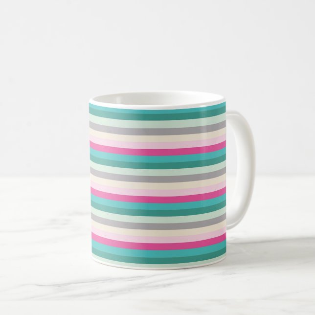 Caneca De Café Listras Rosa Turquesa e Cinza (Frente Esquerda)