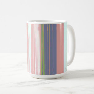 Caneca De Café Listras verticais cor-de-rosa, azuis e oliva.