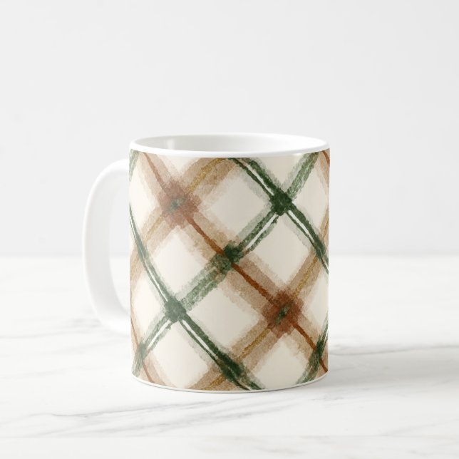 Caneca De Café Listras Xadrez Creme Marrom Verde (Frente Esquerda)