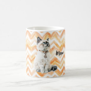 Caneca De Café Listras Ziguezague Laranja Gato Branco Miau