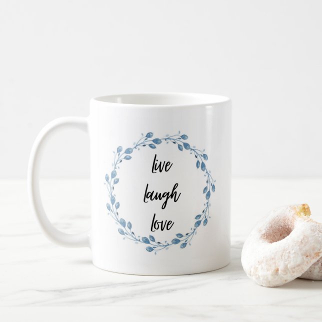 Caneca De Café Live Laugh Love Blue Floral Wreath Mug (Com Donut)