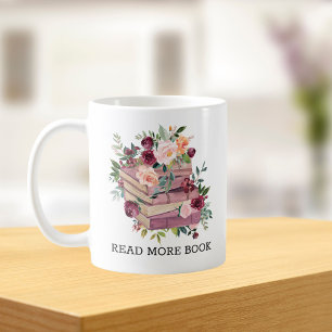 Caneca De Café Livro de Aquarela e Citação de Leitura de Flor de 