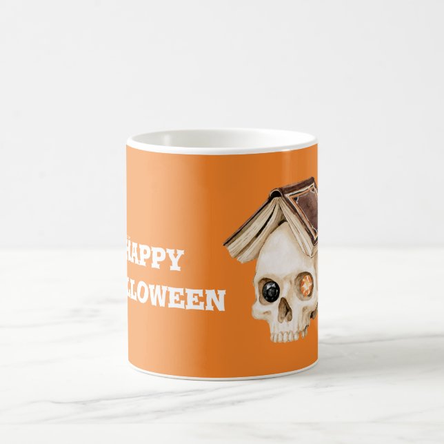 Caneca De Café Livro de Caveira de Halloween Laranja (Centro)