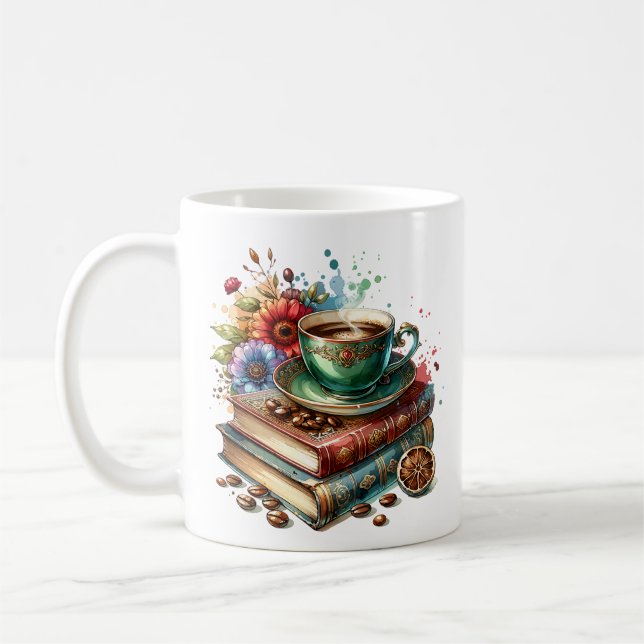 Caneca De Café Livros Antigos, Flores e Café ou Chá (Esquerda)