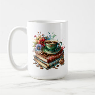 Caneca De Café Livros Antigos, Flores e Café ou Chá