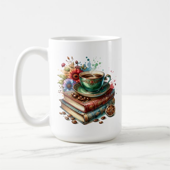 Caneca De Café Livros Antigos, Flores e Café ou Chá (Esquerda)