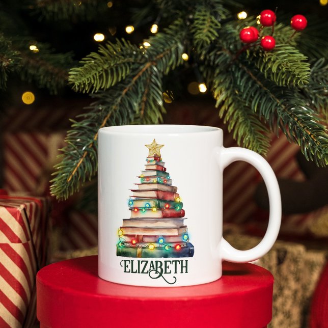 Caneca De Café Livros Árvore de Natal Bibliotecário Livro Nome (Criador carregado)