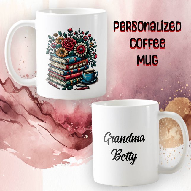 Caneca De Café Livros, Café e Flores Personalizados (Criador carregado)