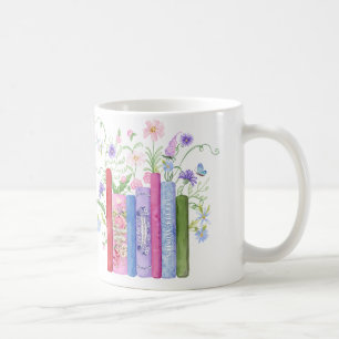 Caneca De Café Livros Clássicos Floral de Flor Azul-Rosa Elegante