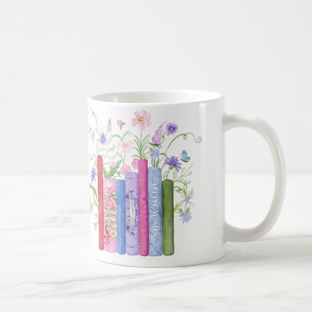 Caneca De Café Livros Clássicos Floral de Flor Azul-Rosa Elegante (Direita)