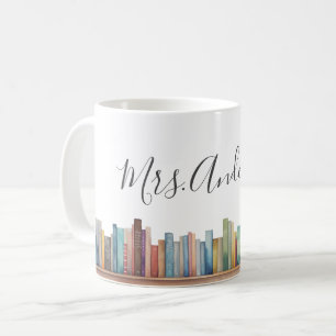 Caneca De Café Livros Coloridos de Aquarela Nome do Professor