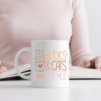 Caneca De Café Livros e Gatos Laranja e Rosa e Café