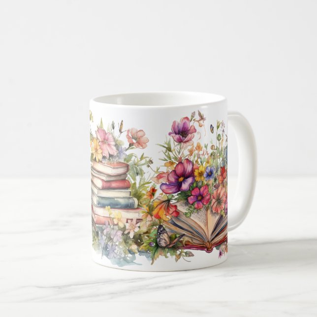 Caneca De Café Livros em campo de flores silvestres (Frente Esquerda)