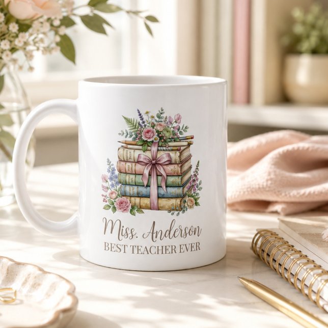 Caneca De Café Livros Empilhados com Nome de Professor Personaliz (Criador carregado)
