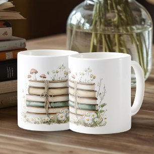 Caneca De Café Livros Vintage em Aquarela e Flores Silvestres