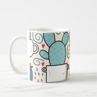 Caneca De Café Llama Cactus: Design sem costura desenhada à mão