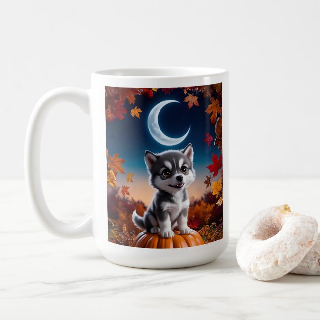 Caneca De Café Lobo Adorável com Arte de Halloween Crescente (Com Donut)