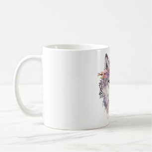 Caneca De Café Lobo Aquarela com Flores na Natureza