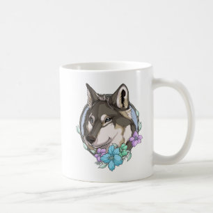 Caneca De Café Lobo-Cinza e Flores Ilustrados