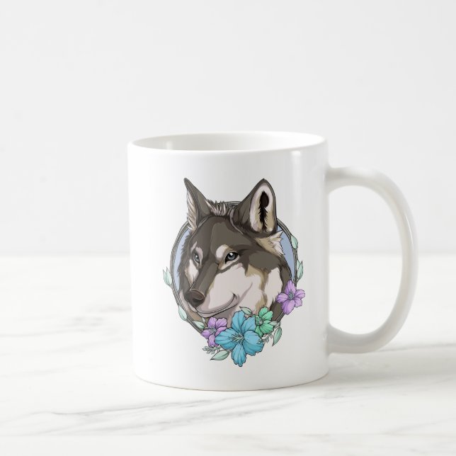 Caneca De Café Lobo-Cinza e Flores Ilustrados (Direita)