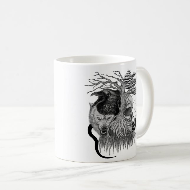 Caneca De Café Lobo e Raven com crânio (Frente Esquerda)
