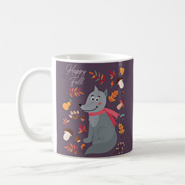 Caneca De Café Lobo fofo de outono com texto personalizado  (Esquerda)