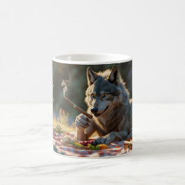 Caneca De Café lobo fumando charuto e fazendo um piquenique