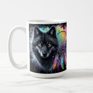 Caneca De Café Lobo Negro com um Apanhador de Sonhos