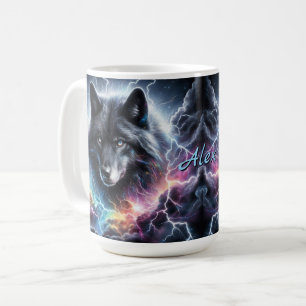 Caneca De Café Lobo Negro com Vida Selvagem Celestial Relâmpago