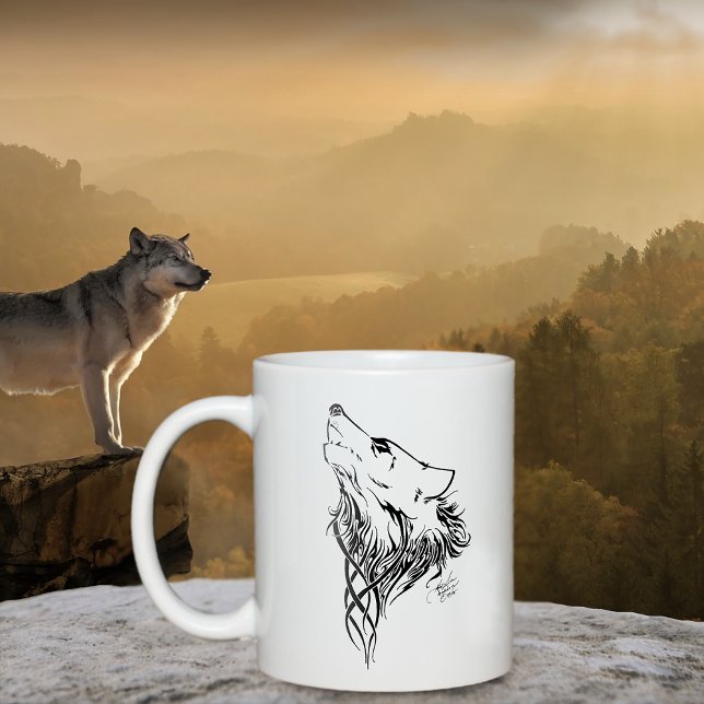 Caneca De Café Lobo Negro Tribal Howl (Criador carregado)