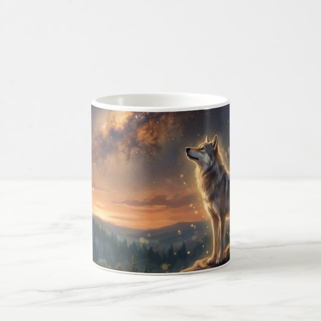 Caneca De Café Lobo Solitário Sob o Céu Estrelado da Via Láctea (Centro)