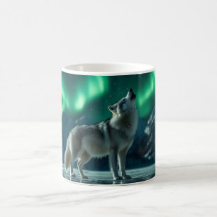Caneca De Café Lobo Uivando Sob as Luzes do Norte