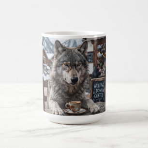 Caneca De Café Lobo Usando Óculos Bebendo Café em Estância de Esq