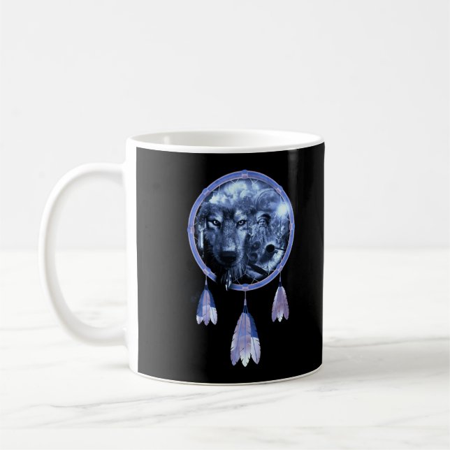 Caneca De Café Lobos Nativos Americanos do Dreamcatcher Wolf Moon (Esquerda)