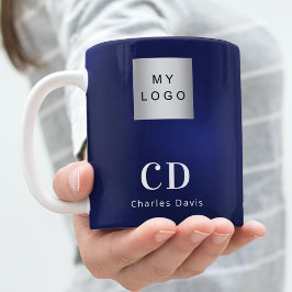 Caneca De Café Logotipo comercial nome monograma branco azul mari