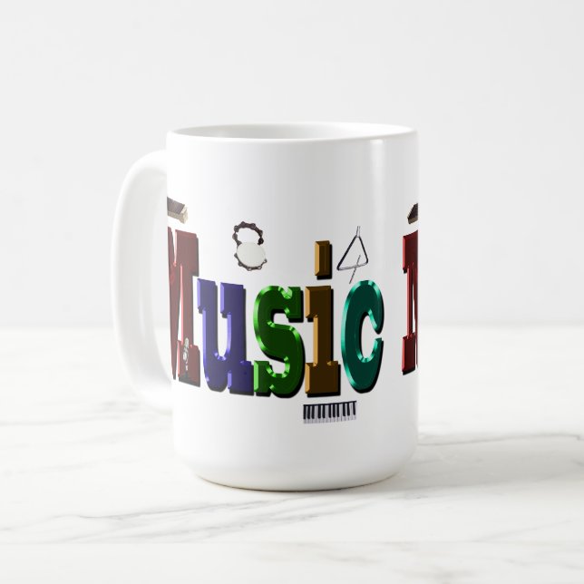 Caneca De Café Logotipo De Imagem Musical Com Instrumentos, (Frente Esquerda)