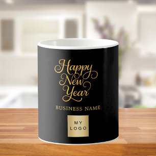 Caneca De Café logotipo feliz ano novo preto ouro para empresas